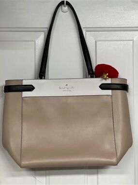 Kate Spade Beige and White Leather Tote with Black Handles